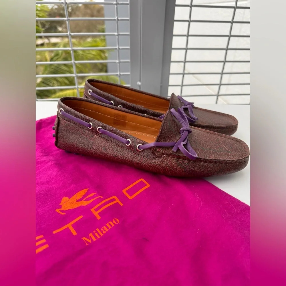 ETRO Brown Paisley Print Bow Slip On Loafers Size US 6 - Picture 3 of 6